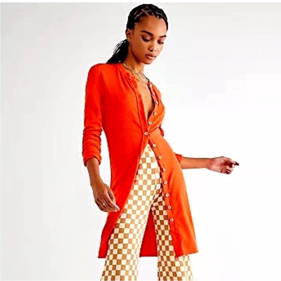 Free People We The Free Gia Ribbed Button-Down Cardigan Sweater Orange Large - Picture 2 of 8